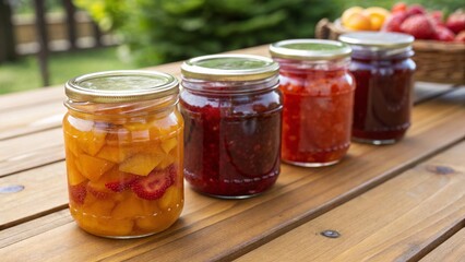 Collection of assorted fruit jams and preserves in clear glass jars, beautifully displayed in a line on a natural wood table