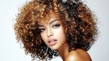 Fototapeta premium A woman with curly hair is smiling and looking at the camera. generated using AI
