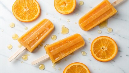 Close-up of delicious orange popsicles on a white background, highlighted with fresh orange slices and green herbs, emphasizing a cool and fruity summer dessert option