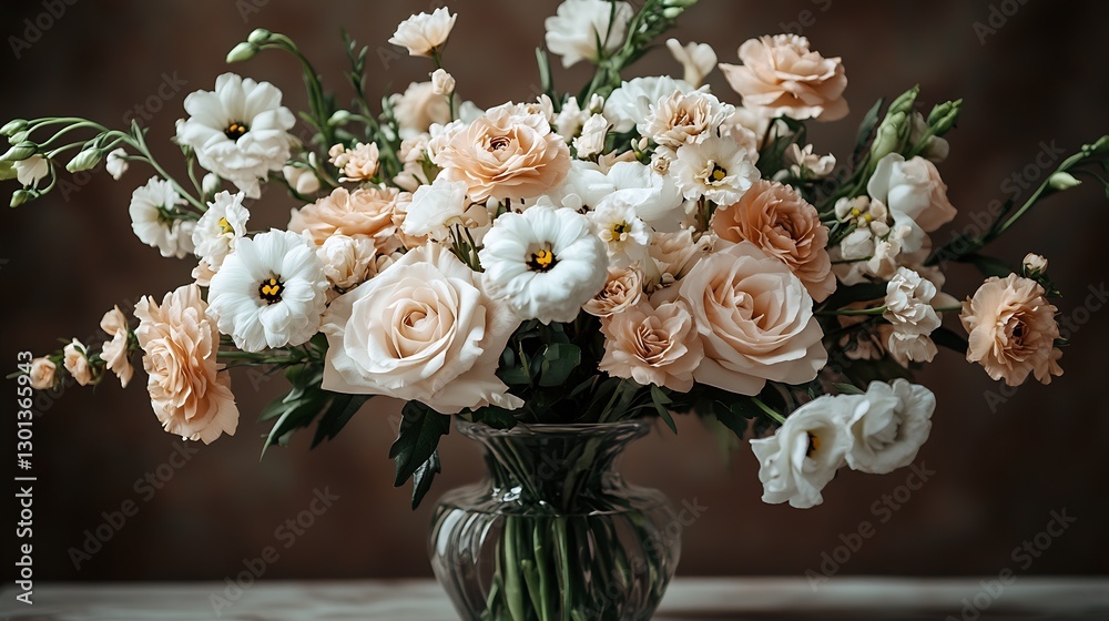 Aufkleber charming floral display showcasing soft peach and white roses with delicate blooms against a rustic 