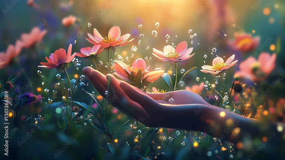 Poster charming hand presenting beautiful flowers with dreamy light and sparkling bokeh effects : generativ
