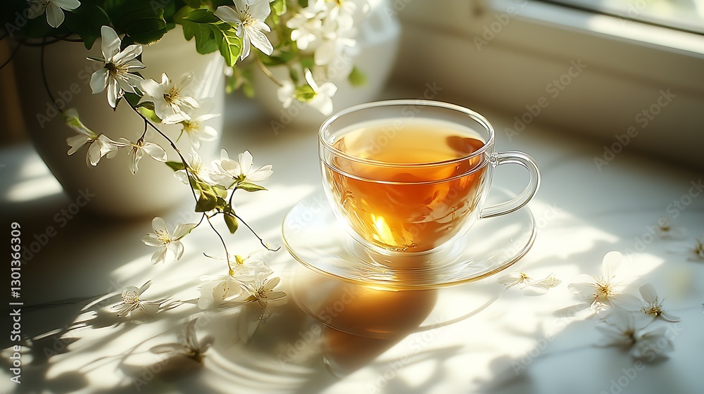 Poster an elegant cup of tea positioned amidst blooming flowers with sunlight casting beautiful shadows on 