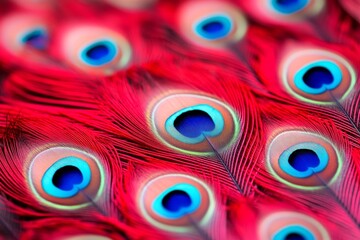 Obraz premium Crimson Peacock Feather Close-Up - Vivid red peacock feathers, intricate detail, vibrant blue and green accents, natural beauty, exotic elegance. Symbolizing: luxury, beauty, pride, transformation