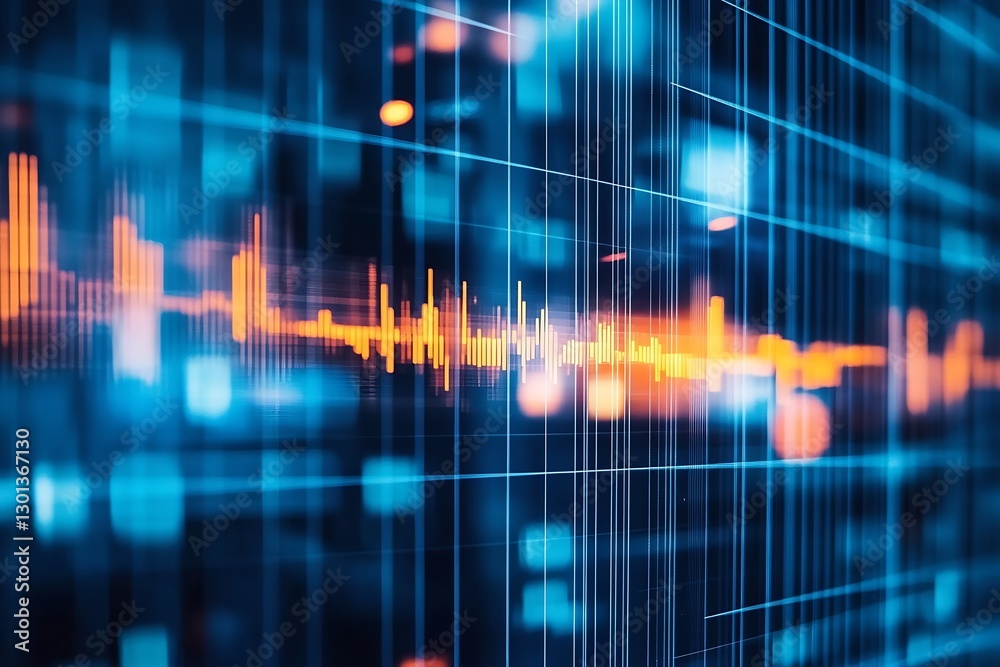 Poster Close up view of sophisticated digital sound waves and analytics displaying market trends and data representations : Generative AI