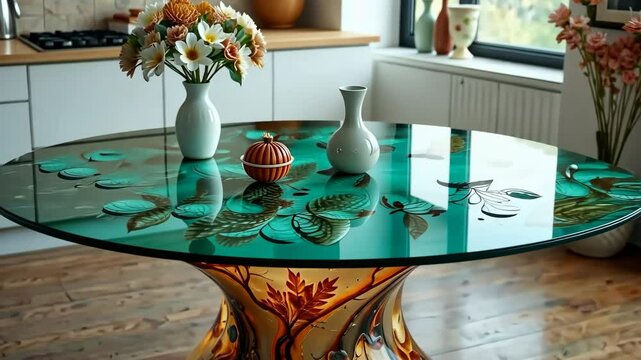 Epoxy Resin Kitchen Table. Beautiful Modern Design with Different Patterns in Green and Orange