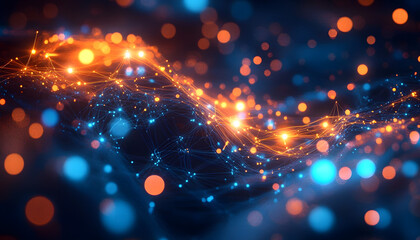 Abstract tech network data connections with orange, blue glowing dots, lines. Artificial intelligence neural network, machine learning, cloud computing concept. Digital transformation strategies,