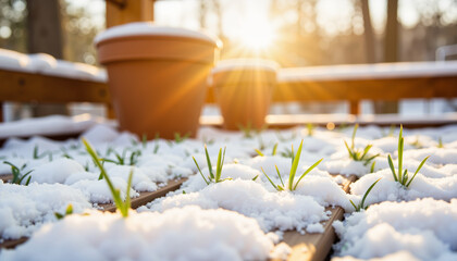 Green grass peeking through snow on deck, winter renewal concept