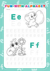 English alphabet tracing practice worksheets, educational letters e-f dotted tracing pattern with line drawings coloring cartoons for children in kindergarten. Elephant carries egg, Frog love flower.