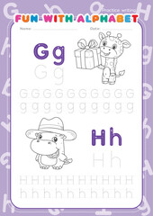 English alphabet tracing practice worksheets, educational letters g-h dotted tracing pattern with line drawings coloring cartoons for children in kindergarten. Giraffe holds gift box, Hippo wears hat.