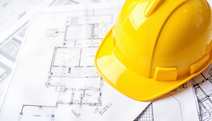 Yellow hard hat on blueprints, symbolizing construction progress