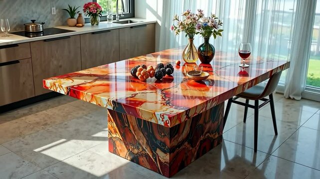 Epoxy Resin Kitchen Table. Beautiful Modern Design with Different Patterns in Orange