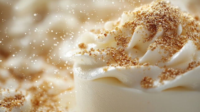 A cake with a white frosting and gold sprinkles on top