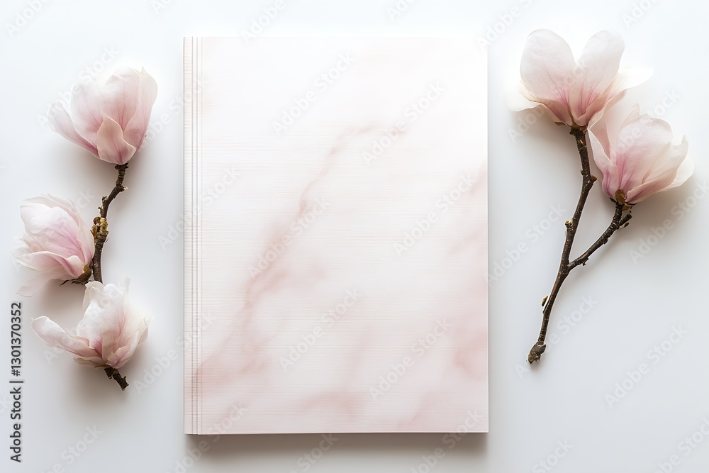 Aufkleber Stylish pink marbled notebook arranged with delicate flowers on a smooth surface : Generative AI