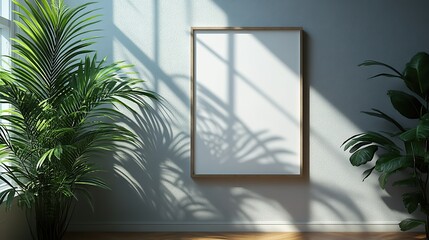 Empty white vertical poster mockups with palm leaf shadows on a light grey wall.