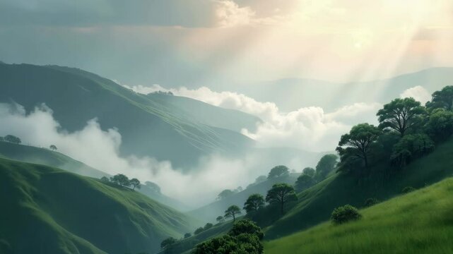 Breathtaking landscape of rolling hills with lush greenery and soft clouds, illuminated by soft sunlight