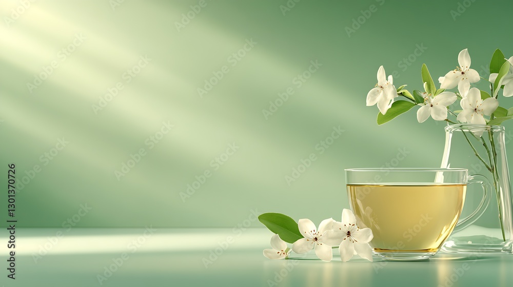 Aufkleber charming glass cup of tea paired with elegant white flowers creating a peaceful setting on a soft gr