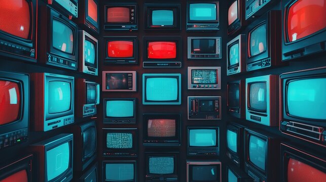 Interface chaos vintage television displays media gallery digital art urban environment bird's eye view surreal concept - Powered by Adobe