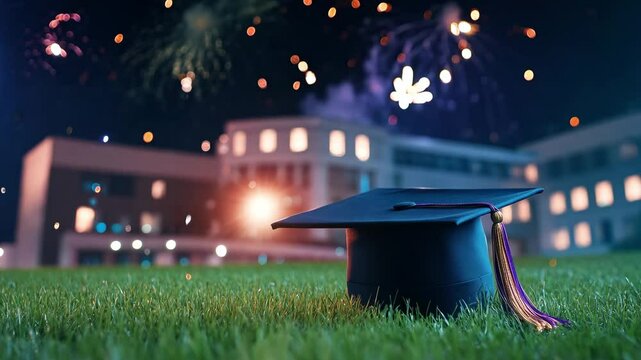 Graduation cap rests on green grass during celebration with joyful fireworks lighting up the night sky above a campus backdrop