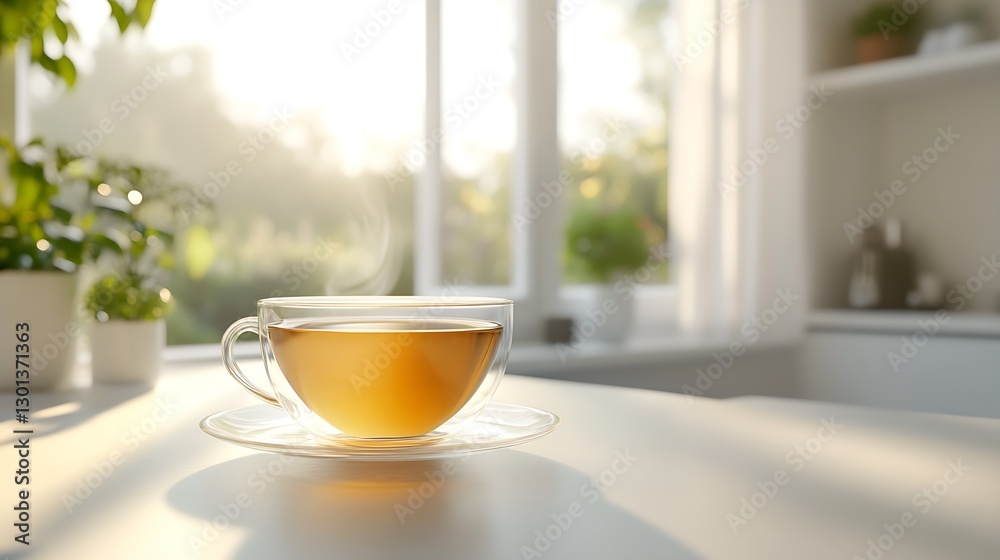 Poster A serene cup of steaming tea resting on a table with natural light streaming through the window : Generative AI