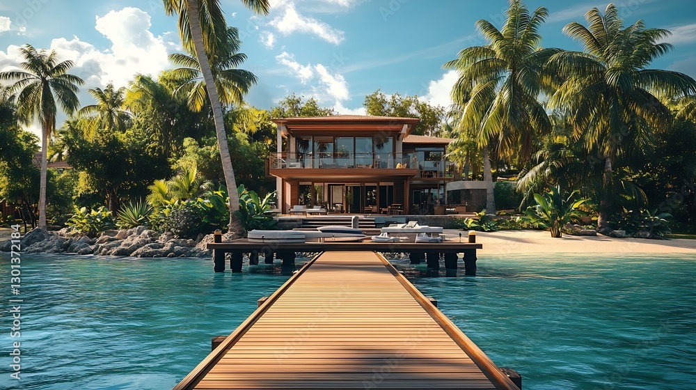 Aufkleber stunning beach house with modern architecture surrounded by lush palm trees and clear blue water : g