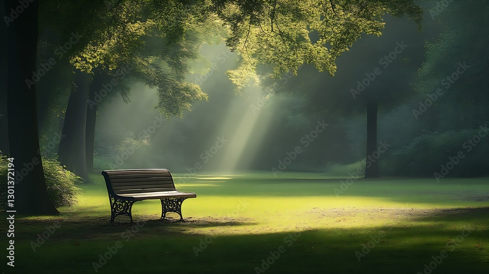Poster peaceful park scene with sunlight streaming through trees illuminating a wooden bench : generative a