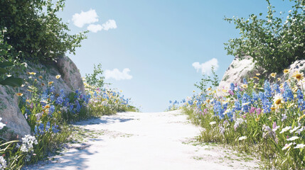 Scenic Pathway Through Colorful Wildflower Meadow