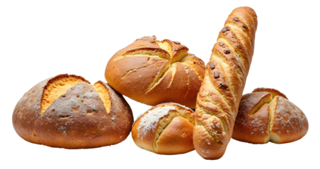 Three different types of bread a rustic round loaf a long crusty baguette and a sweet bun with a braided top freshly baked and displayed on a white background 