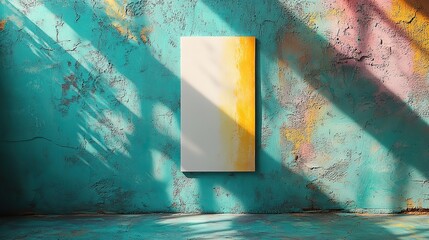 Empty white vertical rectangle poster or business card mockups with a diagonal rainbow shadow on a mint blue concrete background, shown in a flat lay top view.