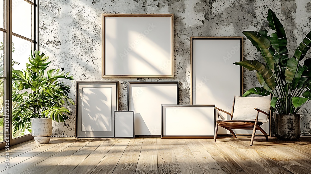 Poster beautifully arranged empty picture frames against a textured wall with vibrant greenery in a bright 