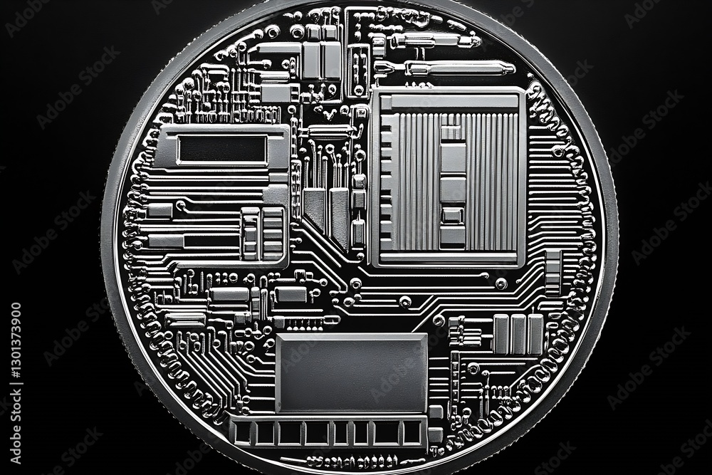 Poster Detailed close up of futuristic circuit board design on metallic coin surface showcasing modern technology : Generative AI