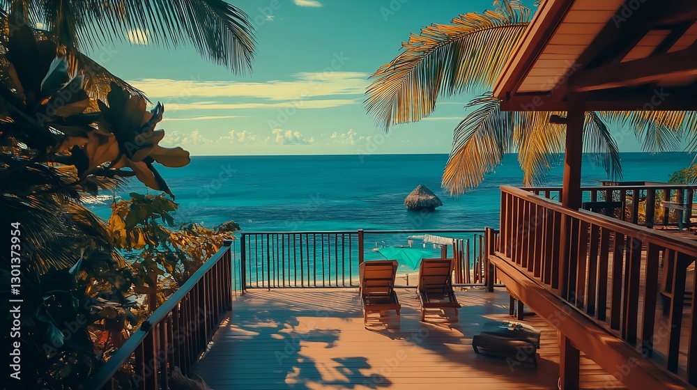 Aufkleber stunning ocean view from a tropical patio surrounded by lush green palm trees and sunlight : generat