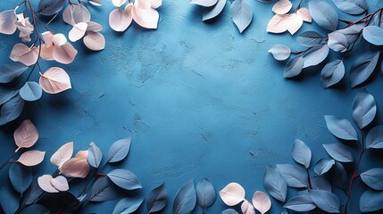 Empty white wedding stationery mockups with soft rose leaves shadows on trendy blue concrete background. Blank invitation, greeting card, menu, RSVP, table card, thank you card. Flat lay, top view.