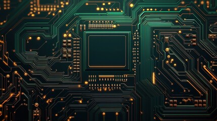 Detailed green and gold circuit board background technology image gigapixel scale high angle digital innovation