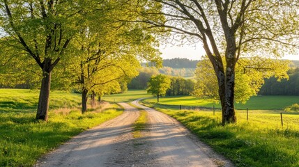 Obraz premium Dirt road winding through lush green fields and trees
