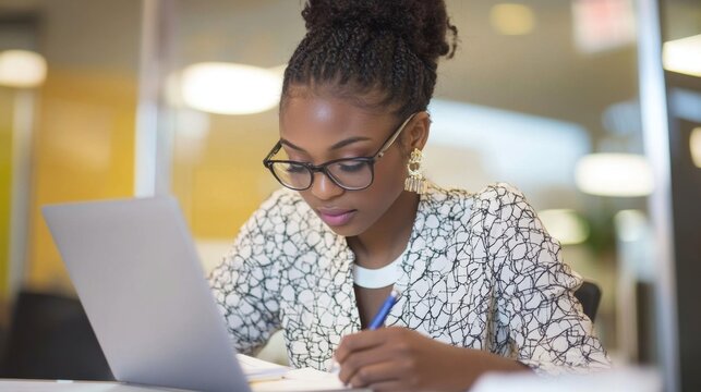 young intern taking notes while shadowing a senior executive, modern corporate office setting