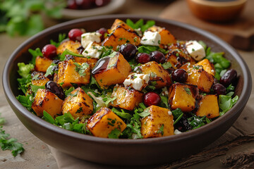 Delicious savory roasted pumpkin salad with crumbled feta cheese and autumn herbs for gourmet enthusiasts