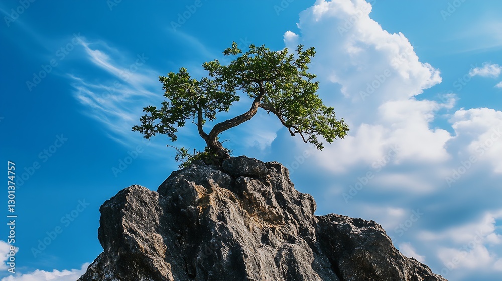 Poster lone tree standing tall on a rocky cliff under a vibrant blue sky with white clouds : generative ai