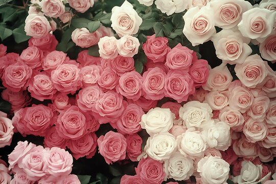 Beautiful arrangement of pink and white roses creating a floral masterpiece in soft focus : Generative AI