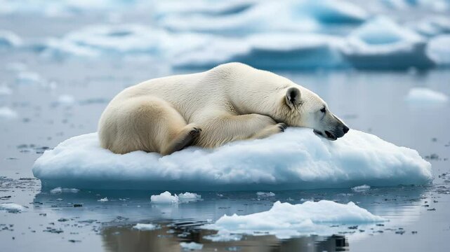 A polar bear is seen resting peacefully on an ice floe surrounded by clear water and floating ice