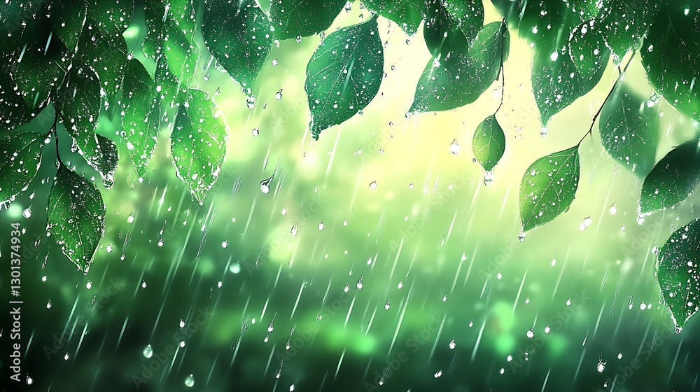 Poster close-up of fresh green leaves with water droplets creating a dreamy rain effect : generative ai