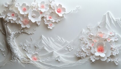 Cherry blossom trees with layered mountains and flowing textures in soft pastel tones. Marble Mural Wallpaper AI generated image