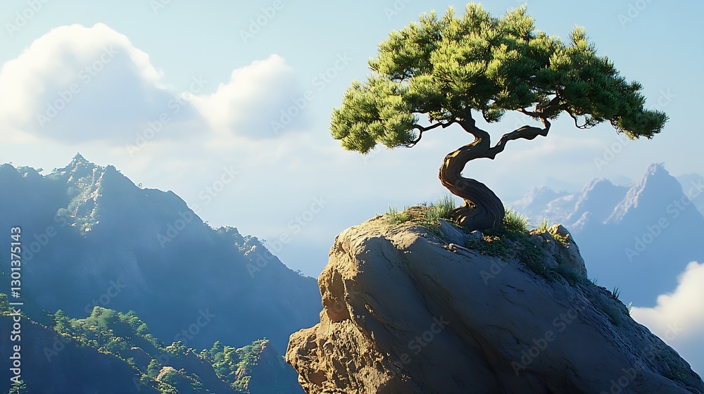 Poster stunning lone tree perched on a rocky cliff with majestic mountains in the background during a clear
