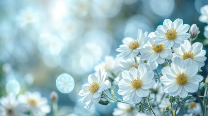 Close-up of white flowers in gentle sunlight, surrounded by a soft-focus background of pale green and blue. Shallow depth of field creates a romantic, airy, and impressionistic springtime floral scene
