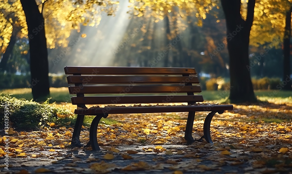 Poster serene park scene with autumn colors and gentle sunlight through trees : generative ai