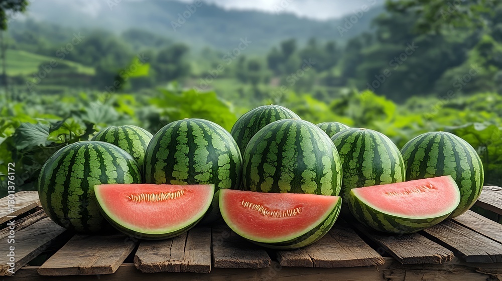 Poster freshly cut watermelons displayed on a wooden table surrounded by lush green fields : generative ai
