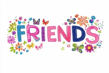 Brightly colored artistic representation of the word friends surrounded by flowers and butterflies