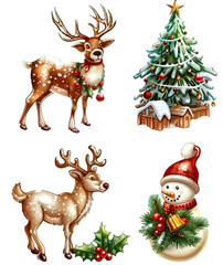 Set of Christmas reindeer, decorated tree, snowman, and winter-themed elements perfect for festive celebrations and seasonal designs