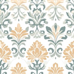 Classic damask pattern in soft pastel shades with symmetrical floral elegance, Classic pastel damask seamless, soft floral pastel damask, symmetrical pastel damask pattern.