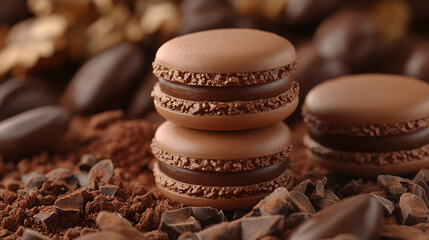 A mouthwatering close-up of three rich chocolate macarons filled with smooth ganache, surrounded by cocoa powder, chocolate chunks, and whole cocoa beans