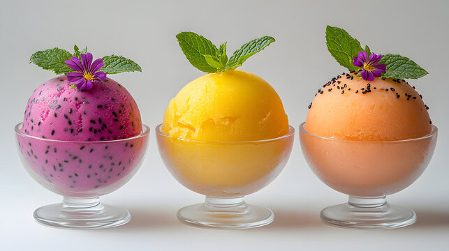 A vibrant and refreshing trio of tropical fruit sorbet scoops in glass cups, featuring dragon fruit, mango, and cantaloupe flavors